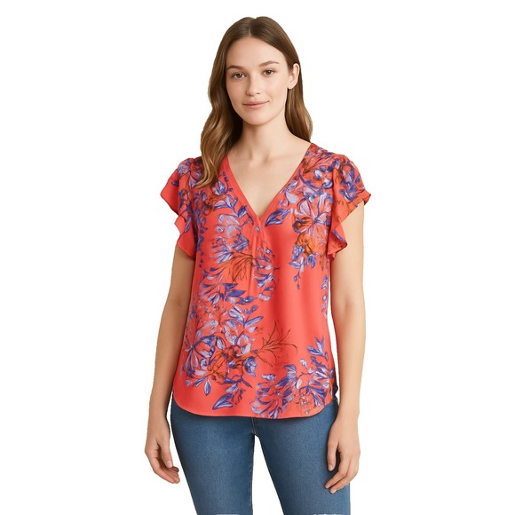 Womens M Coral Floral Ruffle Sleeve Blouse V-Neck Lightweight Boho‎ Top - Picture 2 of 13